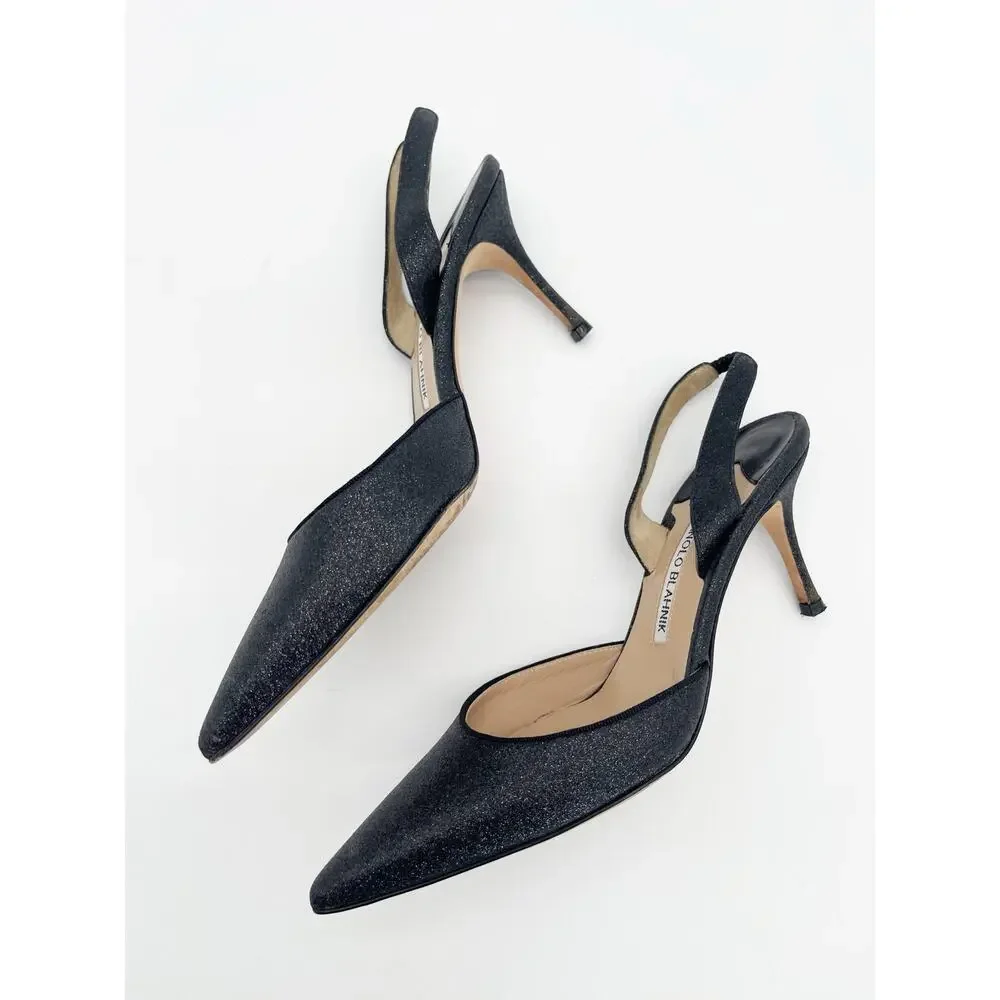 Manolo Blahnik Carolyne Black Glitter Pointed Toe Slingback Stiletto Heels IT 38